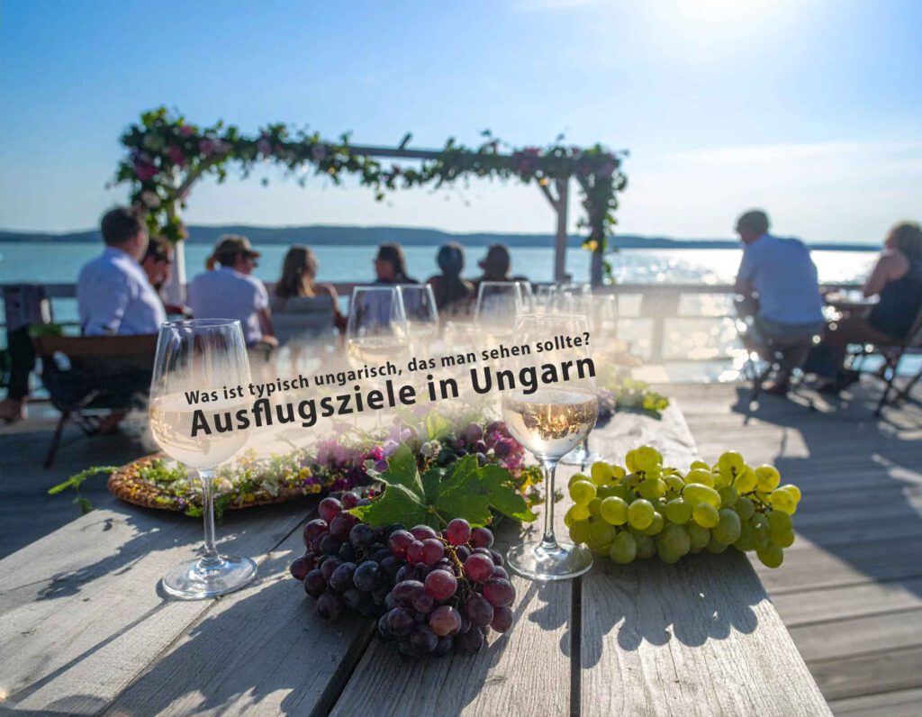 Ausflugziele Ungarn - Feriengruppe bei Weinprobe mit Blick auf den Balaton – typisch ungarisches Ausflugsziel mit Weingläsern und Trauben
