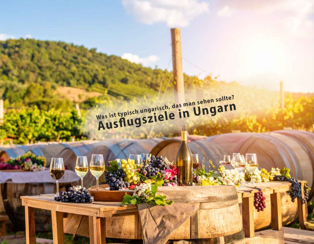 Ausflugsziele in Ungarn; Badacsony. Stimmungsvoll arrangierte Weinfässer und Weingläser – ungarische Weinkultur als typisches Ausflugsziel in Ungarn erleben.